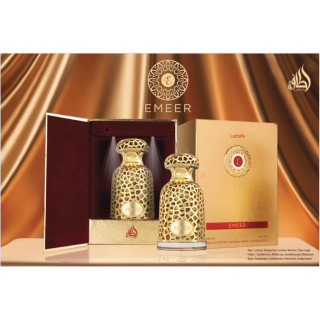 Lattafa Perfume EMEER EDP 100 ml — toote pakend; väga lähivõte; valgel taustal