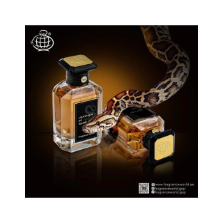 Fragrance World Leather so rare EDP 100 ml — toode ja pakend; väga lähivõte; valgel taustal
