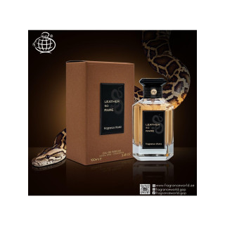 Fragrance World Leather so rare EDP 100 ml — toote pakend; väga lähivõte; valgel taustal