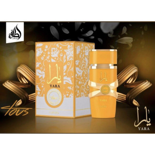 Lattafa Perfume Yara Tous EDP 100 ml — productverpakking; zeer nabije close-up; op een witte achtergrond; ruimste kadrering