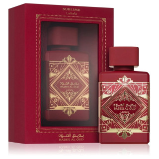Lattafa Perfume Bade'e Al Oud Sublime EDP 100 ml — упаковка товара; очень крупный план; на белом фоне