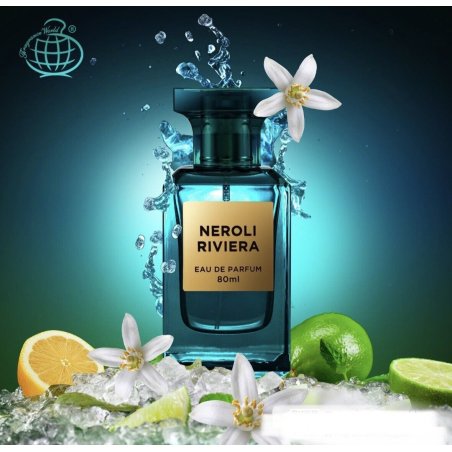 Fragrance World Neroli Riviera EDP 80 ml — product view; tight close-up; with fragrance ingredients