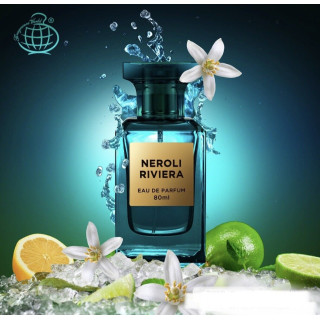 Fragrance World Neroli Riviera EDP 80 ml — toote vaade; väga lähivõte; lõhna koostisosadega
