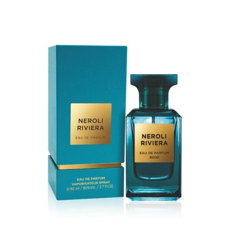 Fragrance World Neroli Riviera EDP 80 ml — product and packaging; full composition; on a white background