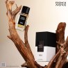 Fragrance World Mystic Leather EDP 100 ml — товар в стилизованной композиции; очень крупный план; на деревянной поверхности