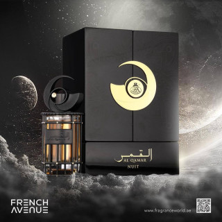 Fragrance World Al Qamar Nuit EDP 100 ml — изображение товара; очень крупный план; на тёмном фоне; самый широкий кадр