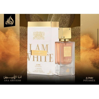 Lattafa Perfume Ana Abiyedh Poudree EDP 60 ml — προϊόν και συσκευασία; πολύ κοντινό πλάνο; σε λευκό φόντο