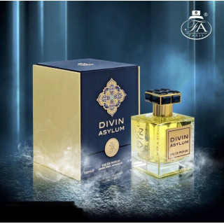 Fragrance World Divin Asylum EDP 100 ml — toote pakend; väga lähivõte; tumedal taustal