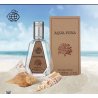 Fragrance World Aqua Pura EDP 50 ml — товар в стилизованной композиции; очень крупный план; на открытом воздухе