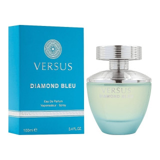 Fragrance World Versus Diamond Bleu EDP 100 ml — товар и упаковка; крупный план; на белом фоне; самый близкий кадр