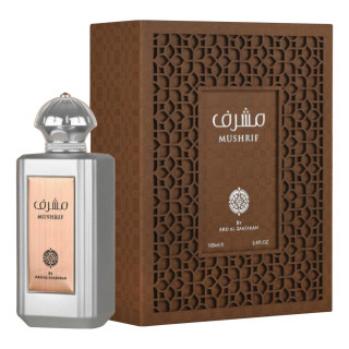 Lattafa Perfume Mushrif EDP 100 ml — toote pakend; väga lähivõte; valgel taustal