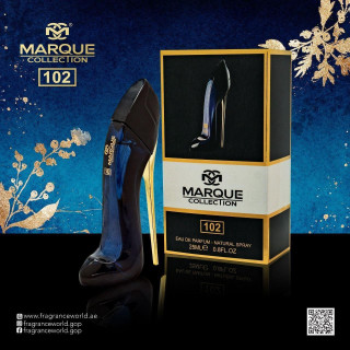 Fragrance World Marque 102 25 ml — упаковка товара; очень крупный план; на тёмном фоне