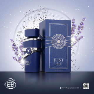 Fragrance World Just Azraq 100 ml — toote vaade; väga lähivõte; värvilisel taustal