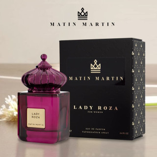 Matin Martin LADY ROZA EDP 100 ml — товар и упаковка; очень крупный план; на светлом фоне
