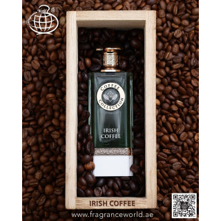 Fragrance World Irish Coffee EDP 100 ml — товар в стилизованной композиции; очень крупный план; с ингредиентами аромата