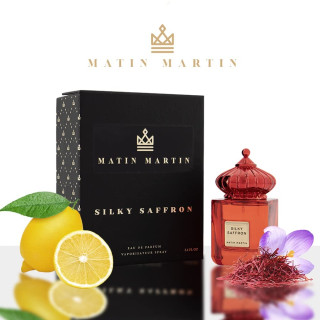 Matin Martin SILKY SAFFRON EDP 100 ml — изображение товара; крупный план; с ингредиентами аромата