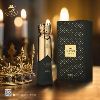 Fragrance World Sultan The Founder EDP 80 ml — toode stiliseeritud keskkonnas; väga lähivõte; puitpinnal