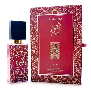 Lattafa Perfume Ajwad Pink To Pink EDP 60 ml — produkto pakuotė; stambus planas; baltame fone