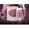 Lattafa Perfume Mohra Silky Rose EDP 100 ml — tuote ja pakkaus; erittäin tiukka lähikuva; valkoisella taustalla