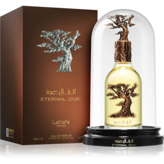 Lattafa Perfume Pride Eternal Oud EDP 100 ml — produkts un iepakojums; ļoti tuvs plāns; uz balta fona