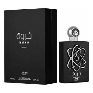 Lattafa Perfume Pride Tharwah Silver EDP 100 ml — toote pakend; väga lähivõte; valgel taustal