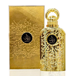 Lattafa Perfume Bayaan EDP 100 ml — productweergave; zeer nabije close-up; op een witte achtergrond