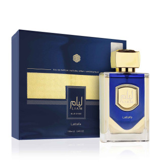 Lattafa Perfume Liam Blue Shine EDP 100 ml — produkto pakuotė; artimas vaizdas; baltame fone