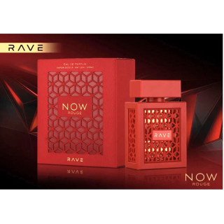 Lattafa Perfume Rave Now Rouge EDP 100 ml — упаковка товара; очень крупный план; на белом фоне