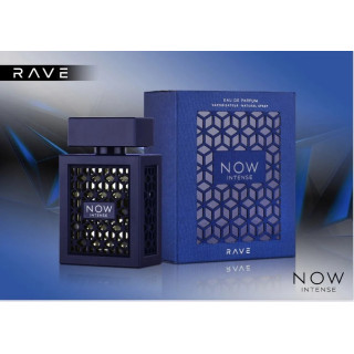 Lattafa Perfume Rave Now Intense EDP 100 ml — produktvisning; meget tæt nærbillede; på hvid baggrund
