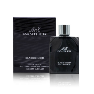 Fragrance World Panther Classic Noir EDP 100 ml — produs și ambalaj; prim-plan; pe fundal alb