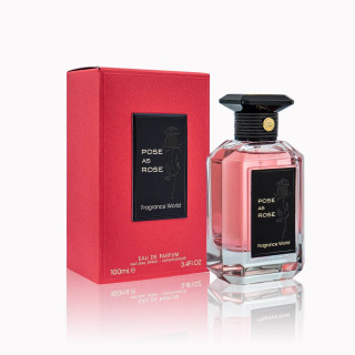 Fragrance World Pose as rose EDP 100 ml — toode ja pakend; lähivaade; valgel taustal; kõige laiem kadreering