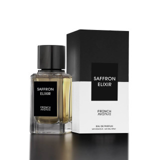 Fragrance World Saffron Elixir EDP 100 ml — product en verpakking; close-up; op een witte achtergrond; gemiddelde kadrering