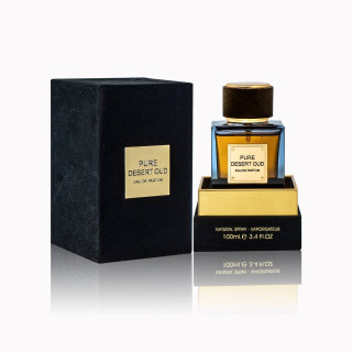 Fragrance World Pure Desert Oud EDP 100 ml — товар и упаковка; крупный план; на белом фоне; самый широкий кадр