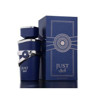 Fragrance World Just Azraq 100 ml — toote pakend; lähivaade; valgel taustal