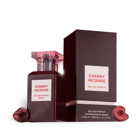 Fragrance World Cherry Incense EDP 80 ml — товар и упаковка; крупный план; на белом фоне