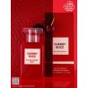 Fragrance World Cherry Buzz EDP 80 ml — product en verpakking; zeer nabije close-up; op een witte achtergrond