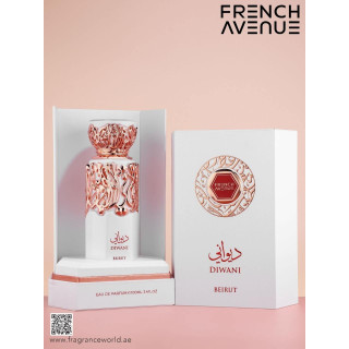 Fragrance World Diwani Beirut EDP 100 ml — produkto pakuotė; stambus planas; baltame fone; plačiausias kadras
