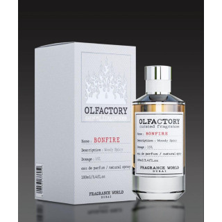 Fragrance World Olfactory Bonfire EDP 100 ml — prodotto e confezione; dettaglio molto ravvicinato; su sfondo bianco