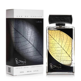 Lattafa Perfume NAJDIA EDP 100 ml — Produkt und Verpackung; Nahaufnahme; auf weißem Hintergrund