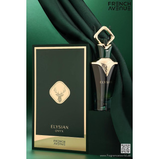 Fragrance World Elysian Onyx EDP 100 ml — productweergave; zeer nabije close-up; op een witte achtergrond; ruimste kadrering
