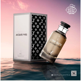 Fragrance World L'Infinite Jacques Yves EDP 100 ml — toote vaade; väga lähivõte; heledal taustal