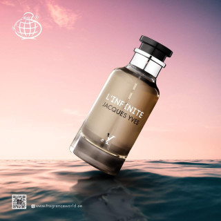 Fragrance World L'Infinite Jacques Yves EDP 100 ml — toote vaade; väga lähivõte; värvilisel taustal