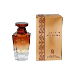 Nylaa Musk Majnoon EDP 75 ml — toode ja pakend; täiskompositsioon; valgel taustal