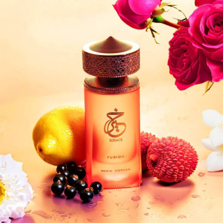 Paris Corner Khair Fusion EDP 100 ml — product in a styled setting; tight close-up; with flowers