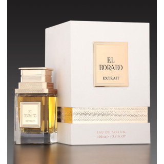 Fragrance World El Dorado Extrait Extrait de Parfum 100 ml — produkt og emballasje; svært tett nærbilde; på hvit bakgrunn