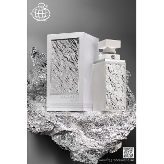 Fragrance World Varakh Silver EDP 100 ml — упаковка товара; очень крупный план; на белом фоне