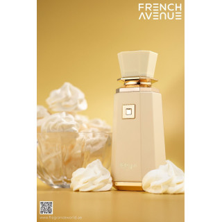 Fragrance World Meringue EDP 100 ml — product en verpakking; zeer nabije close-up; op een witte achtergrond