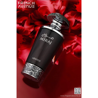 Fragrance World Miraj Absolu EDP 100 ml — product in een gestileerde setting; zeer nabije close-up; op een witte achtergrond