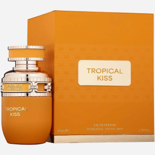 Fragrance World Tropical Kiss EDP 80 ml — продукт и опаковка; много близък план; на бял фон