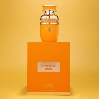 Fragrance World Tropical Kiss EDP 80 ml — продукт и опаковка; близък план; на цветен фон